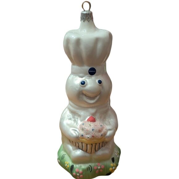 Vtg Pillsbury Dough Boy with Cupcake Kringle Glass Ornament by Kurt S. Adler - Picture 2 of 10